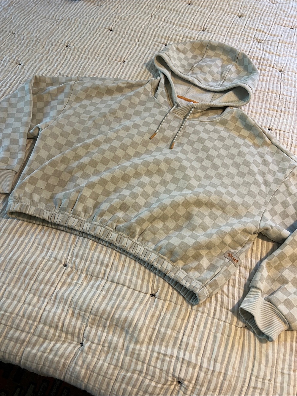 Marsh wear Checkerboard Cropped Hoodie Sweatshirt - Beige/Light Gray